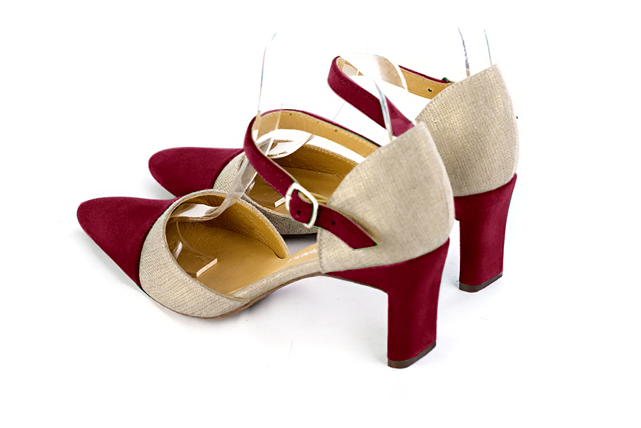 Women's burgundy red and gold open side dress shoes, with an instep strap. Tapered toe. Medium comma heels - Rear view
